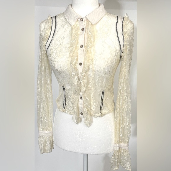 Free People soft stretchy Ivory lace & black button crop top collared blouse XS - Picture 3 of 14